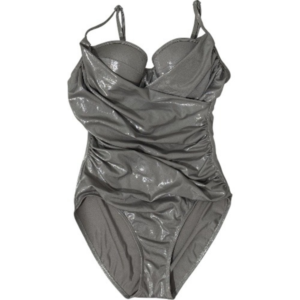 Newport News Gray Metallic One Piece‎ Swimsuit Ruched Wrap Size 4